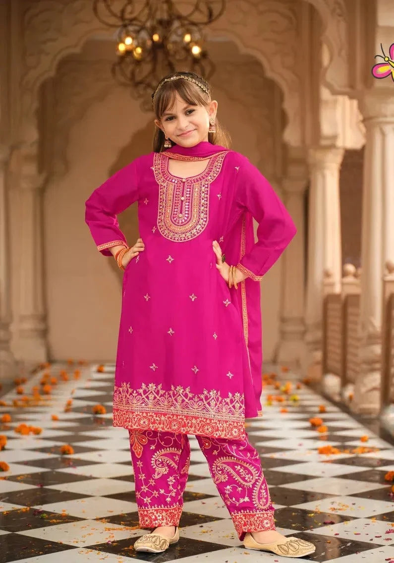 Pink Dreamy Chinon Embroidered Top Farshi with Dupatta – Elegant Pakistani Designer Outfit in USA