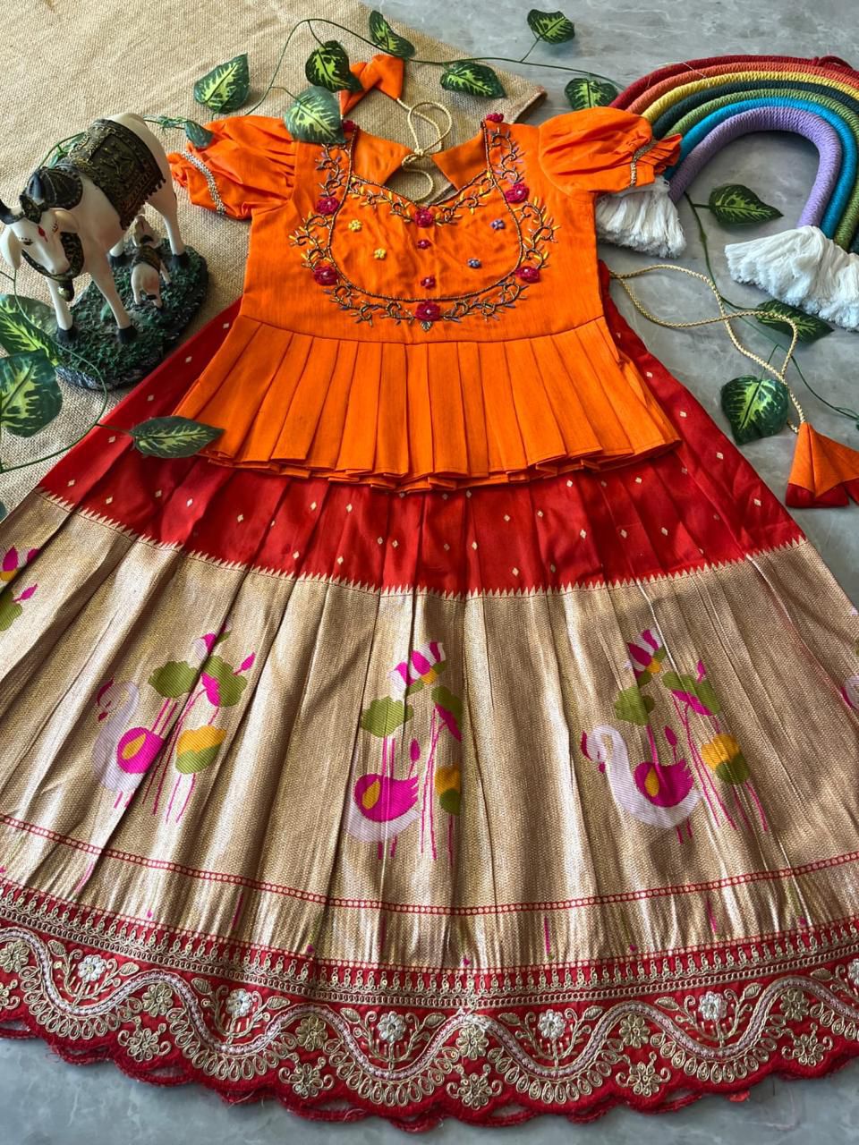 Orange & Red Traditional Kids Lehenga Choli Set with Embroidered Top – Festive Girls’ Ethnic Wear in USA