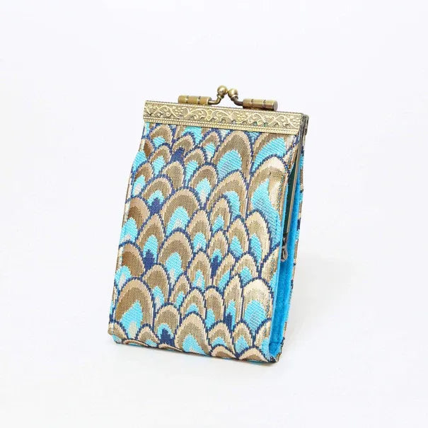 Turquoise Peacock Scale Brocade Metal Clasp Wallet – Regal Elegance and Boutique Luxury in USA