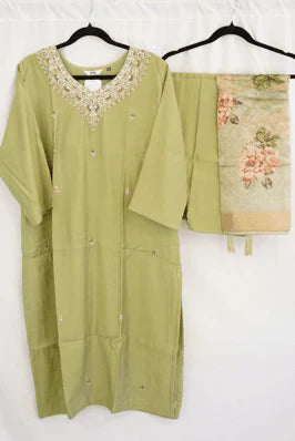 Pista Green Hand Embroidered Kurta Set with Floral Dupatta – Elegant Ethnic Fashion in USA at Swaraksha Fashions