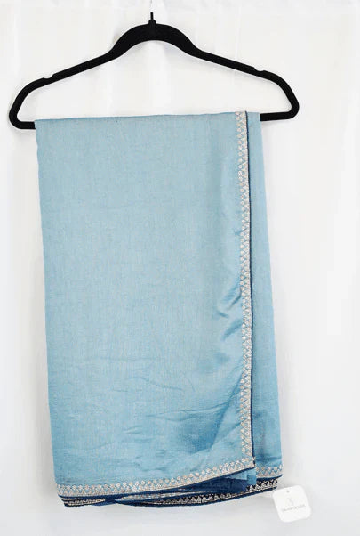 Sky Blue Satin Silk Saree with Silver Border Detailing – Elegant Sophistication for Women in USA