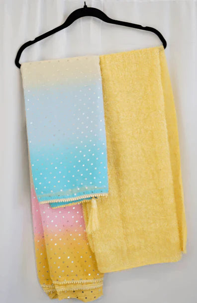 Sky Blue & Lemon Yellow Ombre Saree with Silver Polka Work and Textured Yellow Blouse – Vibrant Elegance in the USA