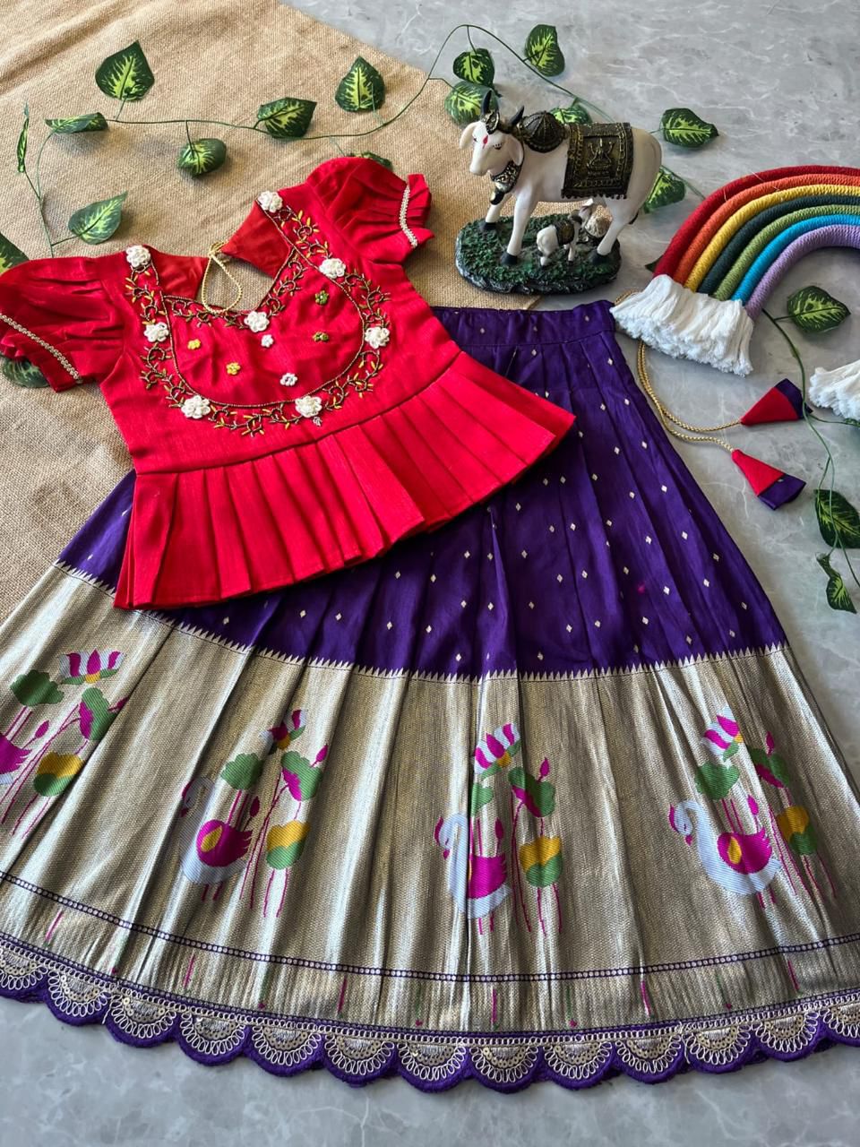 Red & Purple Traditional Kids Lehenga Choli Set with Embroidered Top – Festive Girls’ Ethnic Wear in USA