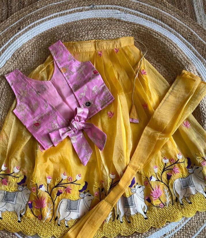 Yellow Printed Kids Lehenga Choli Set with Pink Embroidered Jacket – Festive Girls’ Ethnic Wear in USA