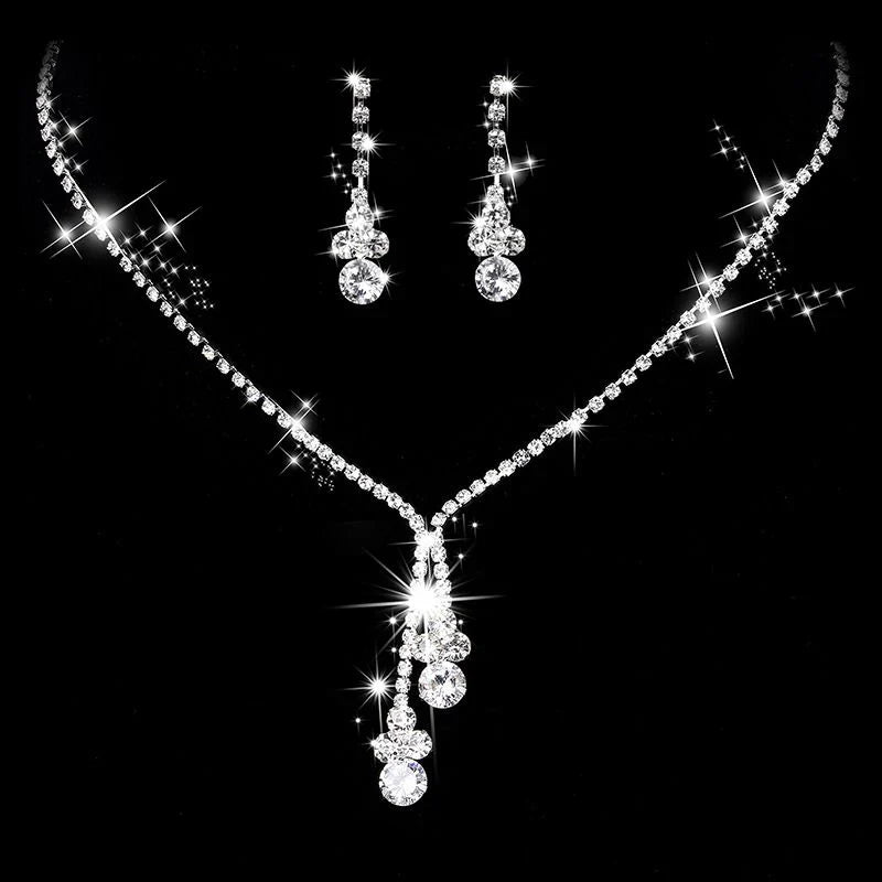Elegant Silver Rhinestone Drop Necklace & Earrings Set – Glamorous Fashion Jewelry in the USA