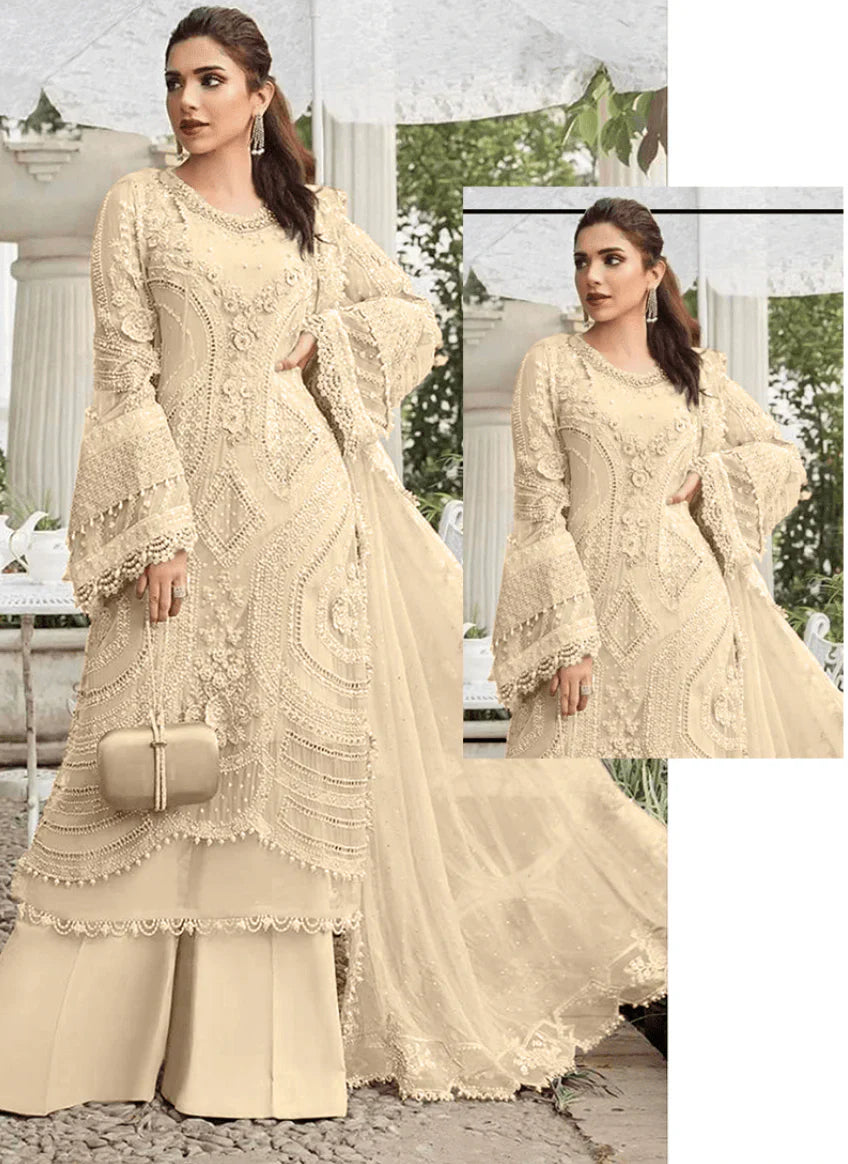 Cream Faux Georgette Embroidery Work Palazzo Suit – Elegant Indian Ethnic Wear in USA