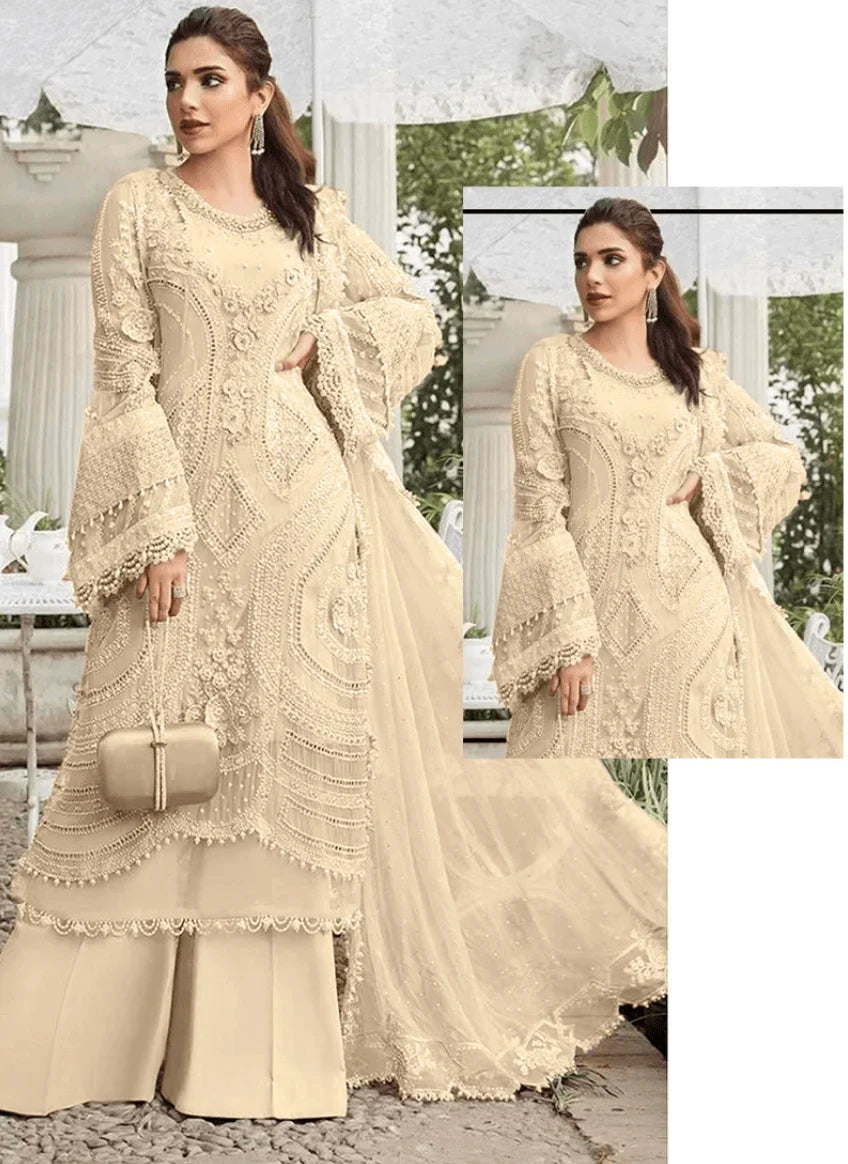 Cream Faux Georgette Embroidery Work Palazzo Suit – Elegant Ethnic Wear in USA