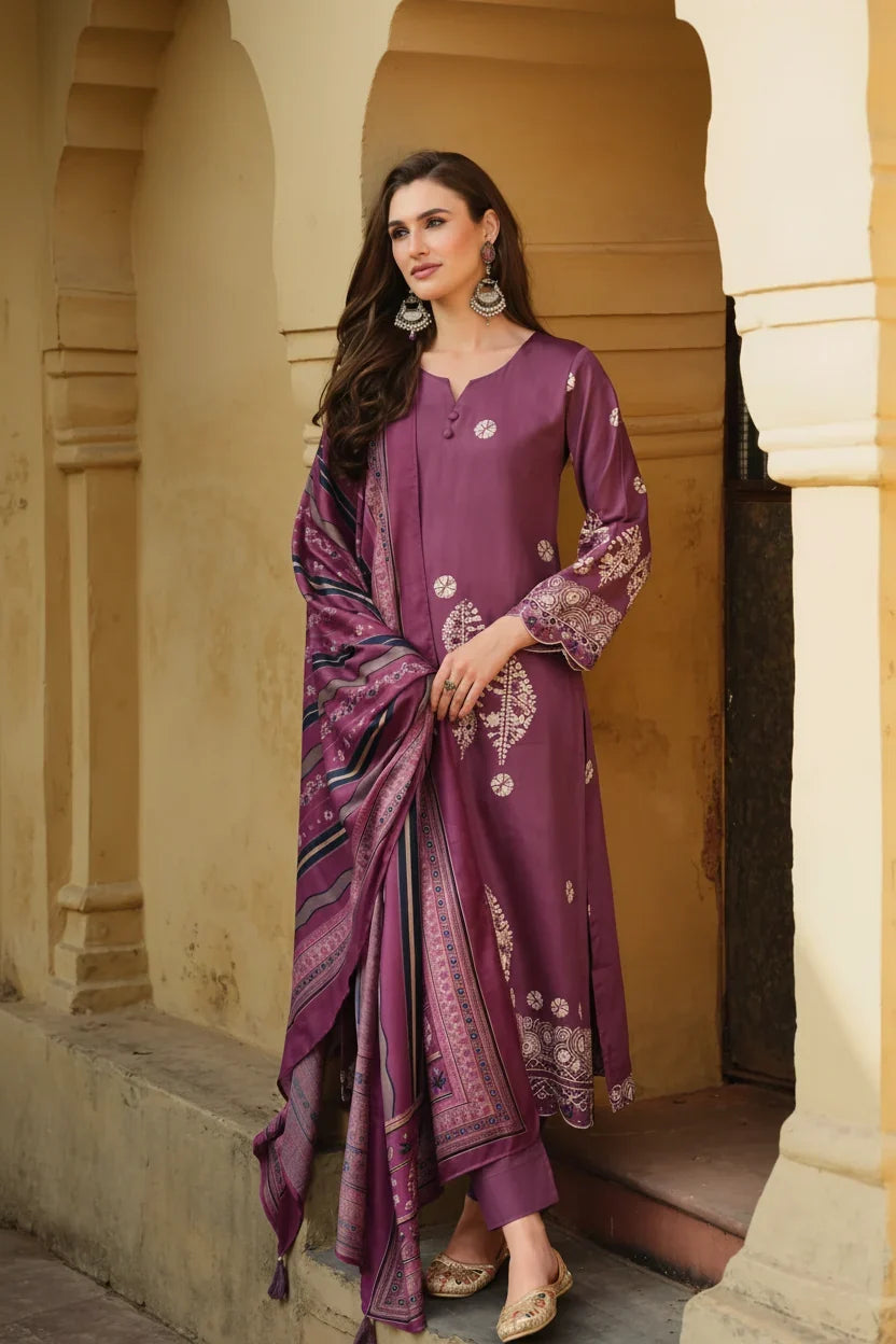 Plum Purple Printed Kurta Set with Dupatta – Elegant Indian Ethnic Wear in USA