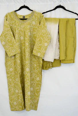 Olive Green Floral Printed Cotton Kurta Set with Embellished Dupatta – Comfortable Elegance in USA