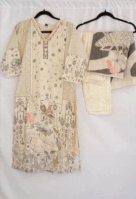 Cream Floral Printed Cotton Kurta Set with Embroidered Neckline – Comfortable Elegance for Women in USA