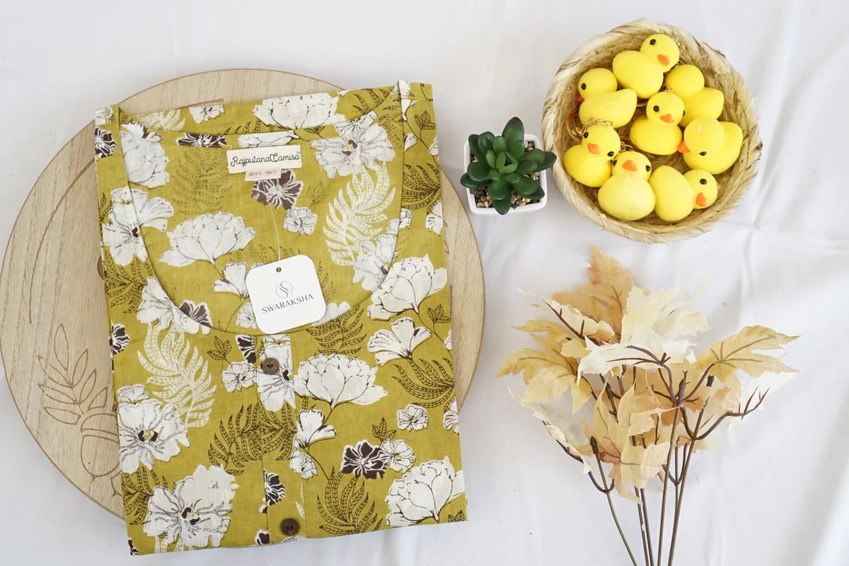 Mustard Yellow Floral Printed Cotton Kurta – Elegant Everyday Ethnic Fashion in USA at Swaraksha Fashions