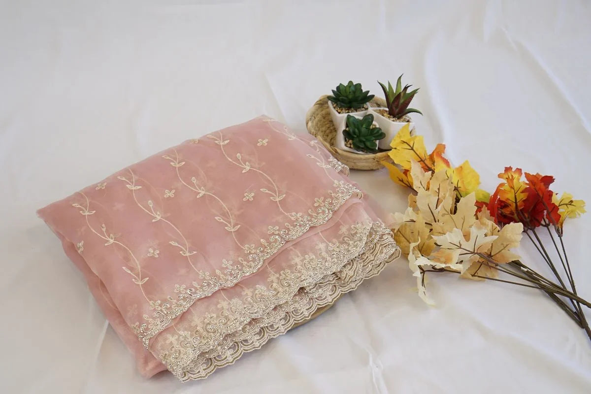 Blush Pink Floral Embroidered Net Saree with Stone Border