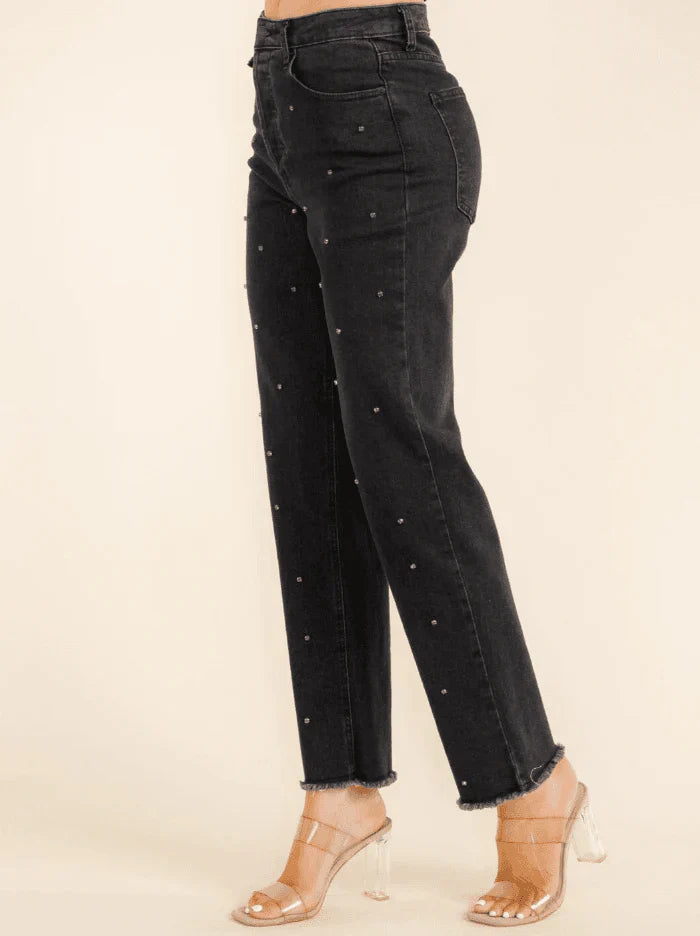 Women’s Black High-Rise Straight Jeans with Rhinestone Detailing – Trendy Denim Fashion in USA at Swaraksha Fashions