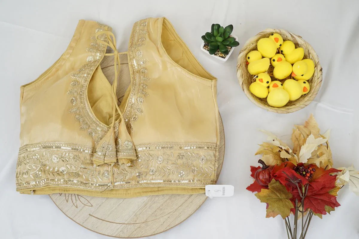 Golden Zari Embroidered Silk Blouse – Elegant Designer Ethnic Blouse in USA at Swaraksha Fashions