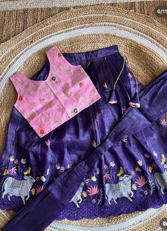 Navy Blue Printed Kids Lehenga Choli Set with Pink Embroidered Jacket – Elegant Girls’ Ethnic Wear in USA