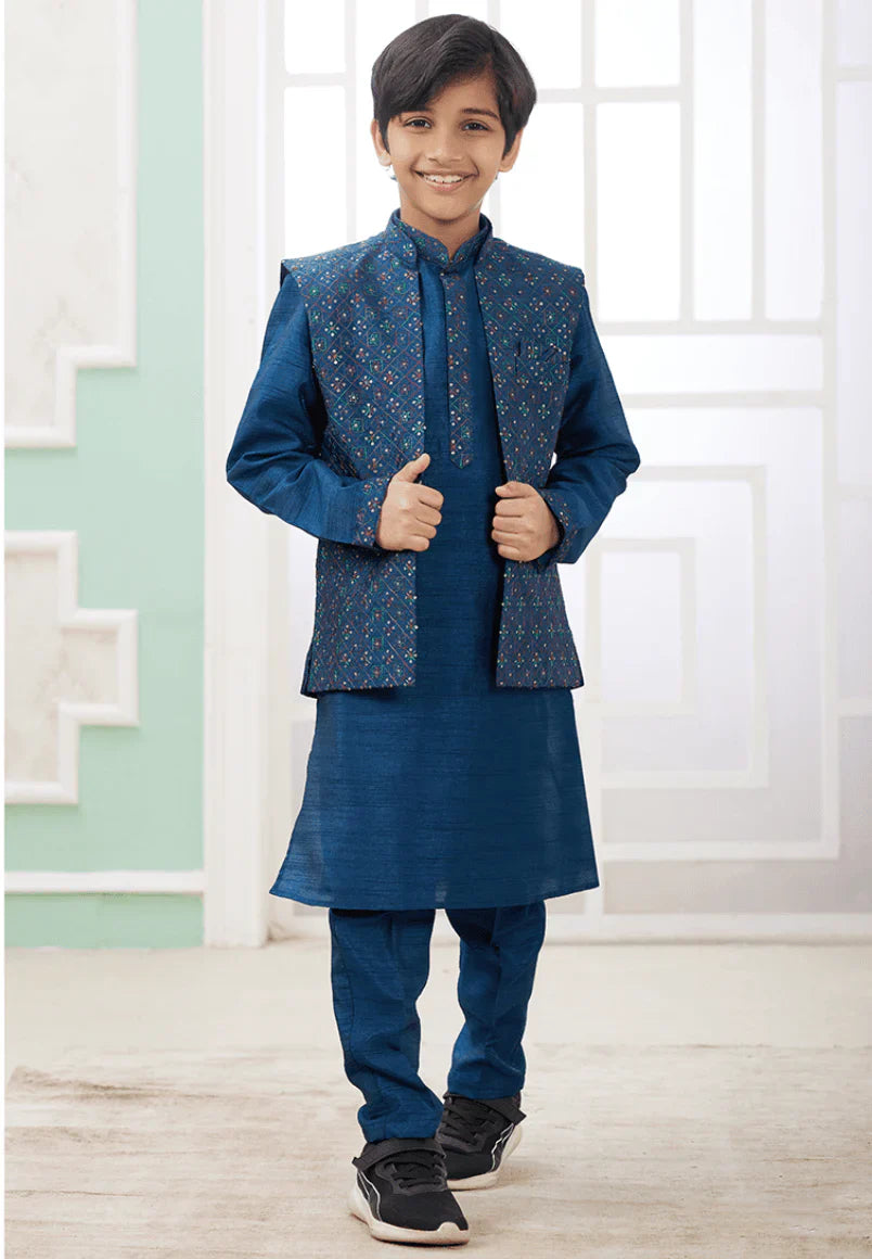 Blue Art Banarasi Silk Printed Readymade Kurta Pajama – Stylish Kids Ethnic Wear in USA at Swaraksha Fashions