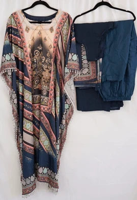 Navy Blue Designer Kaftan Set with Mughal Print and Pearl Embellishments – Premium Designer Ethnic Wear in USA