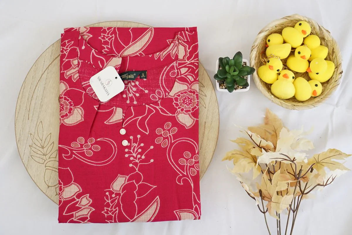 Bright Red Floral Printed Cotton Kurta – Elegant Ethnic Fashion in USA at Swaraksha Fashions