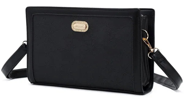 Classic Black Floral Embossed Sling Bag with Gold Logo Plate – Elegant USA Fashion at Swaraksha Fashions
