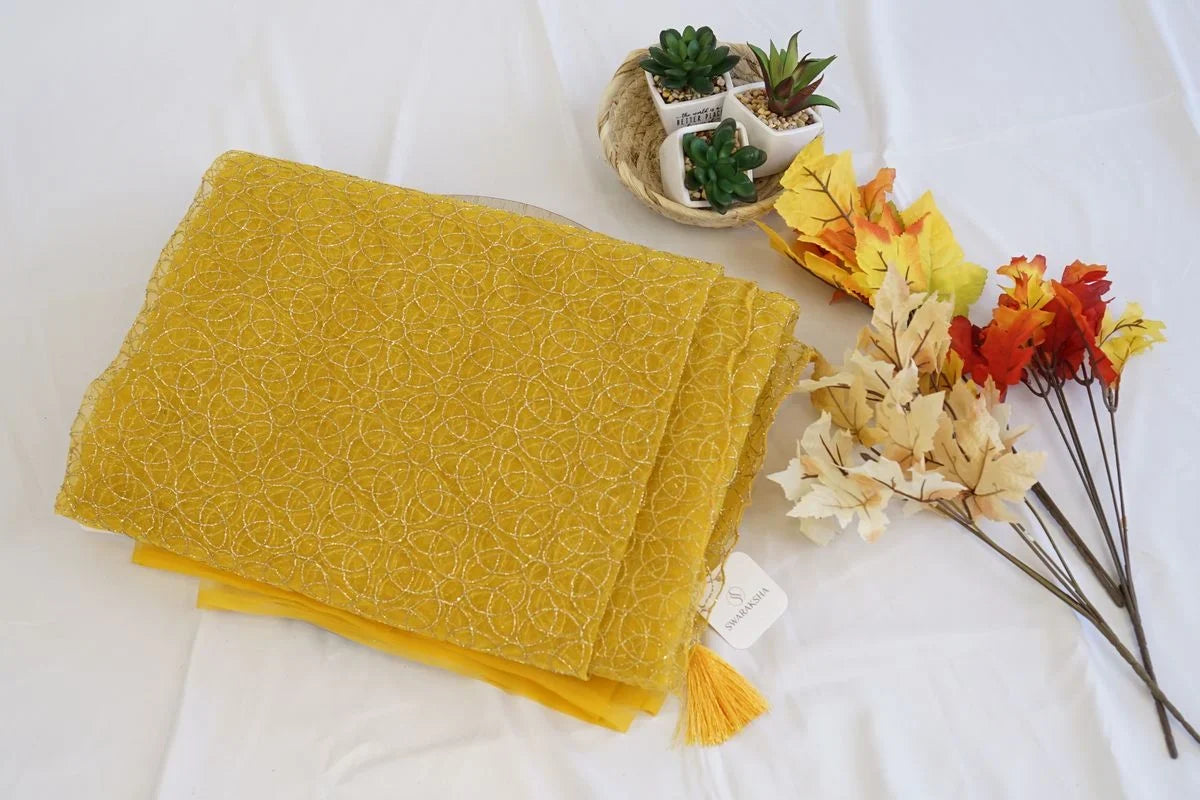 Mustard Yellow Net Embroidered Party Wear Saree
