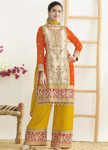 Orange & Mustard Embroidered Kurta Sharara Set with Dupatta in USA – Available at Swaraksha Fashions, Overland Park KS