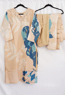 Beige & Blue Floral Printed Kurti Set with Embroidered Neckline – Elegant Ethnic Fashion in USA at Swaraksha Fashions