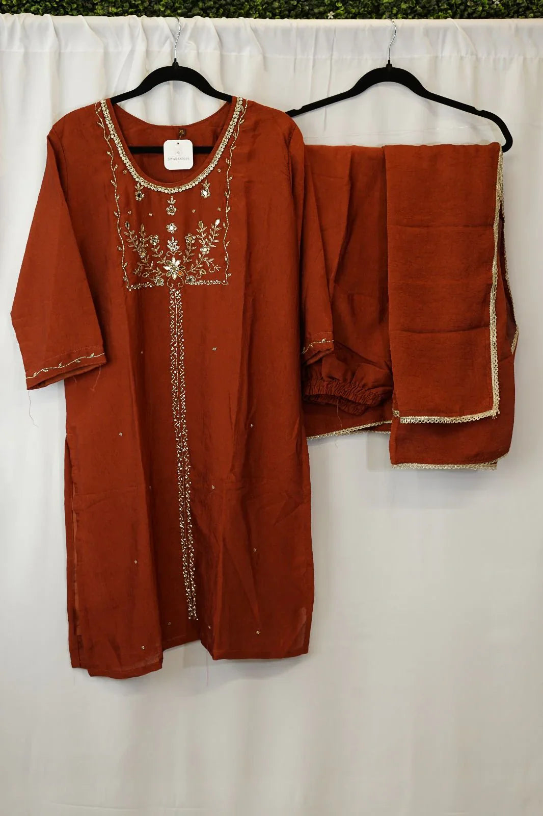 Rust Brown Embroidered Kurta with Matching Pant and Dupatta – Elegant Ethnic Wear in USA at Swaraksha Fashions
