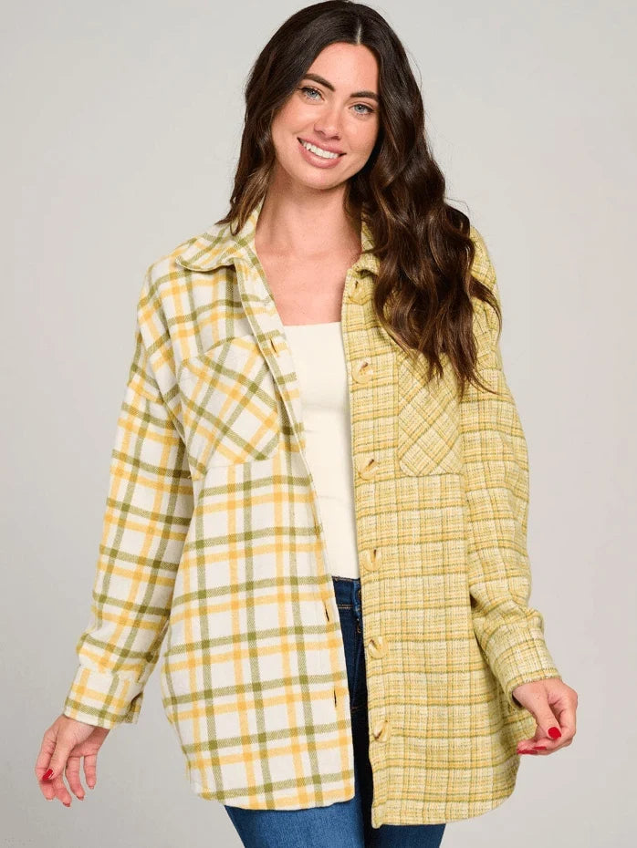 Yellow & Cream Dual Plaid Button-Up Shacket – Cozy Women's Layering Jacket in USA