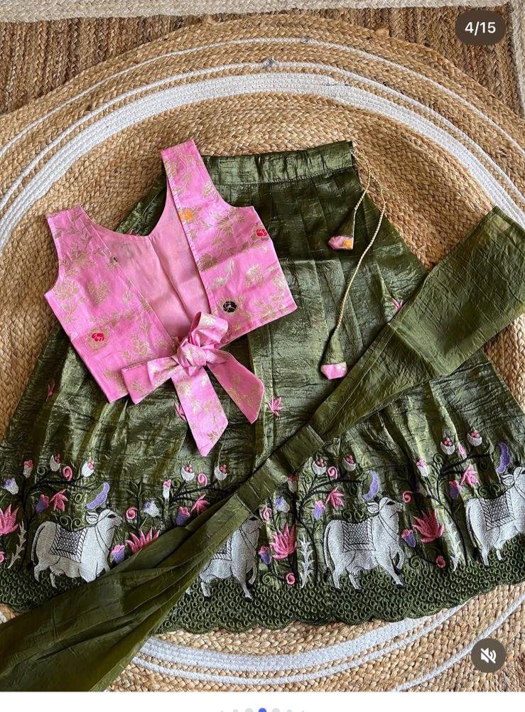 Olive Green Printed Kids Lehenga Choli Set with Pink Embroidered Jacket – Elegant Girls’ Ethnic Wear in USA