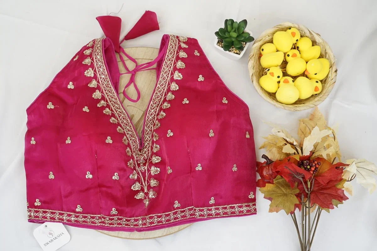 Fuchsia Pink Sequin Embroidered Silk Blouse – Designer Party Wear Saree Blouse for Women in USA