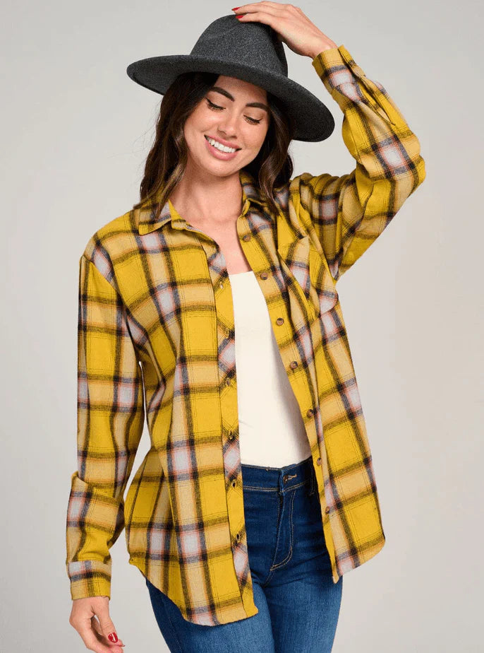 Yellow Plaid Button-Up Long Sleeve Shirt – Trendy Casual Fashion in USA at Swaraksha Fashions