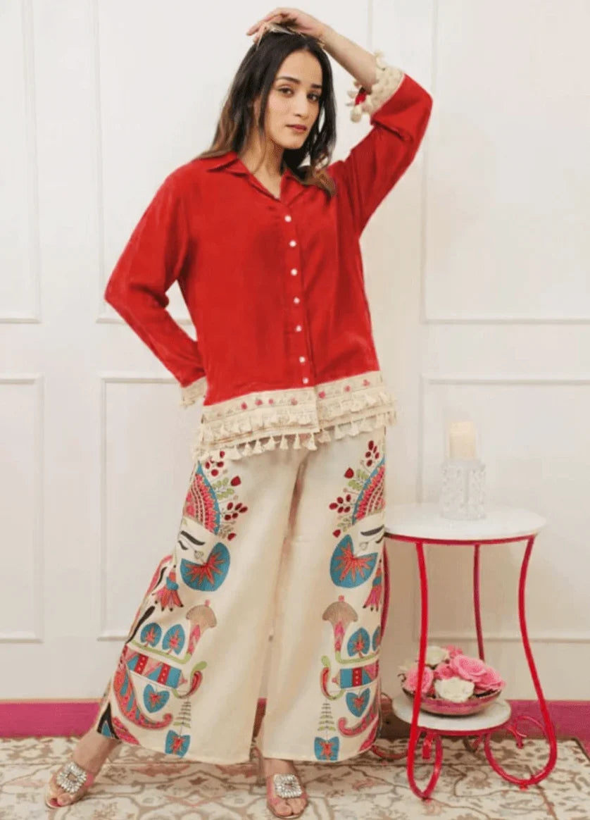 Red Lace Trim Shirt & Artistic Printed Palazzo Set