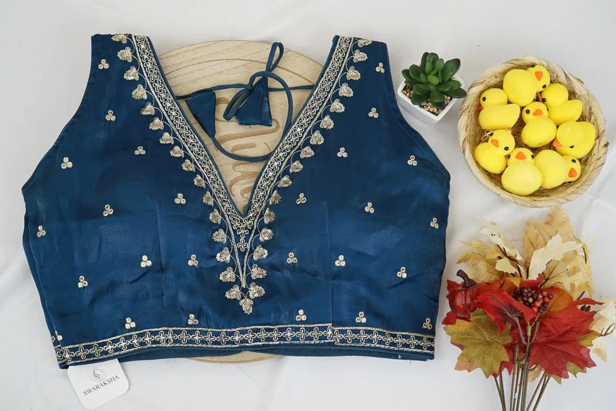 Midnight Blue Sequin Embroidered Silk Blouse – Designer Party Wear Saree Blouse for Women in USA