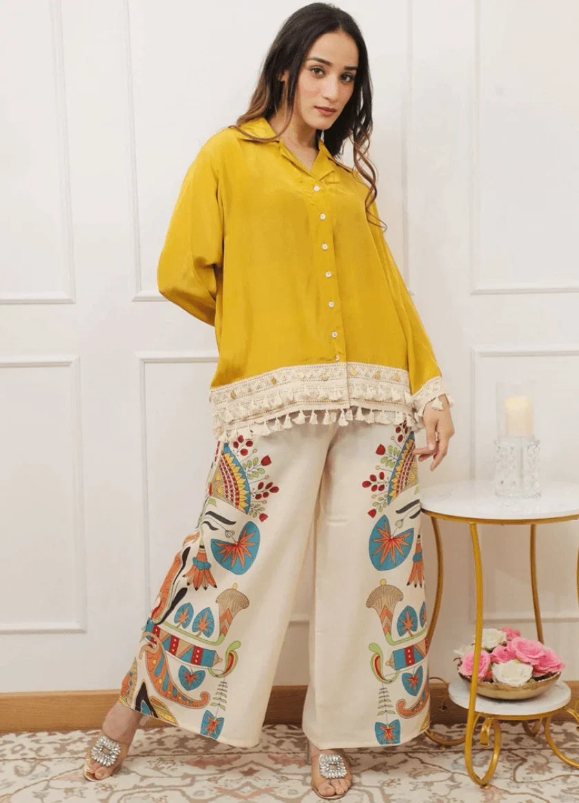 Mustard Lace Trim Shirt & Artistic Printed Palazzo Set