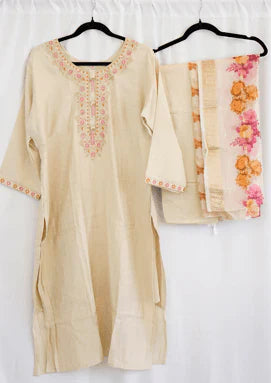 Cream Embroidered Kurta Set with Floral Dupatta in USA – Available at Swaraksha Fashions, Overland Park KS