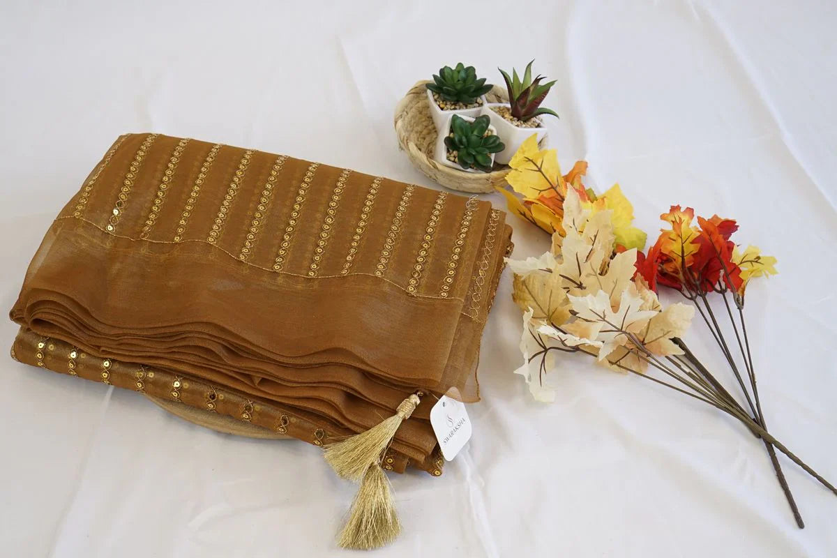 Golden Mustard Organza Saree with Sequin Stripes and Tassel Detailing – Radiant Festive Elegance in USA