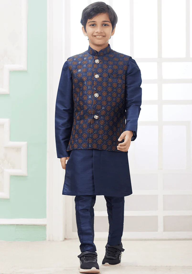 Dark Blue Art Banarasi Silk Printed Readymade Kurta Pajama – Premium Kids Ethnic Wear in USA at Swaraksha Fashions