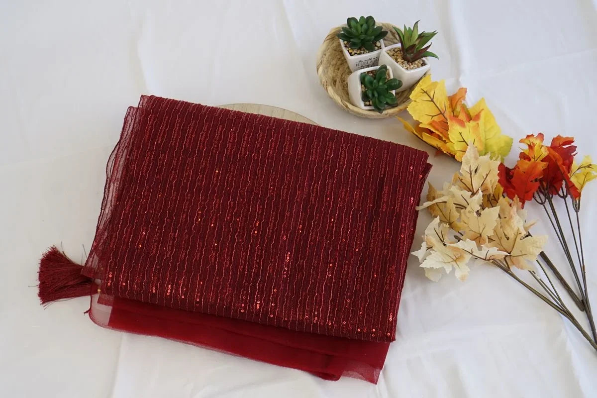 Maroon Sequin Embroidered Net Party Wear Saree