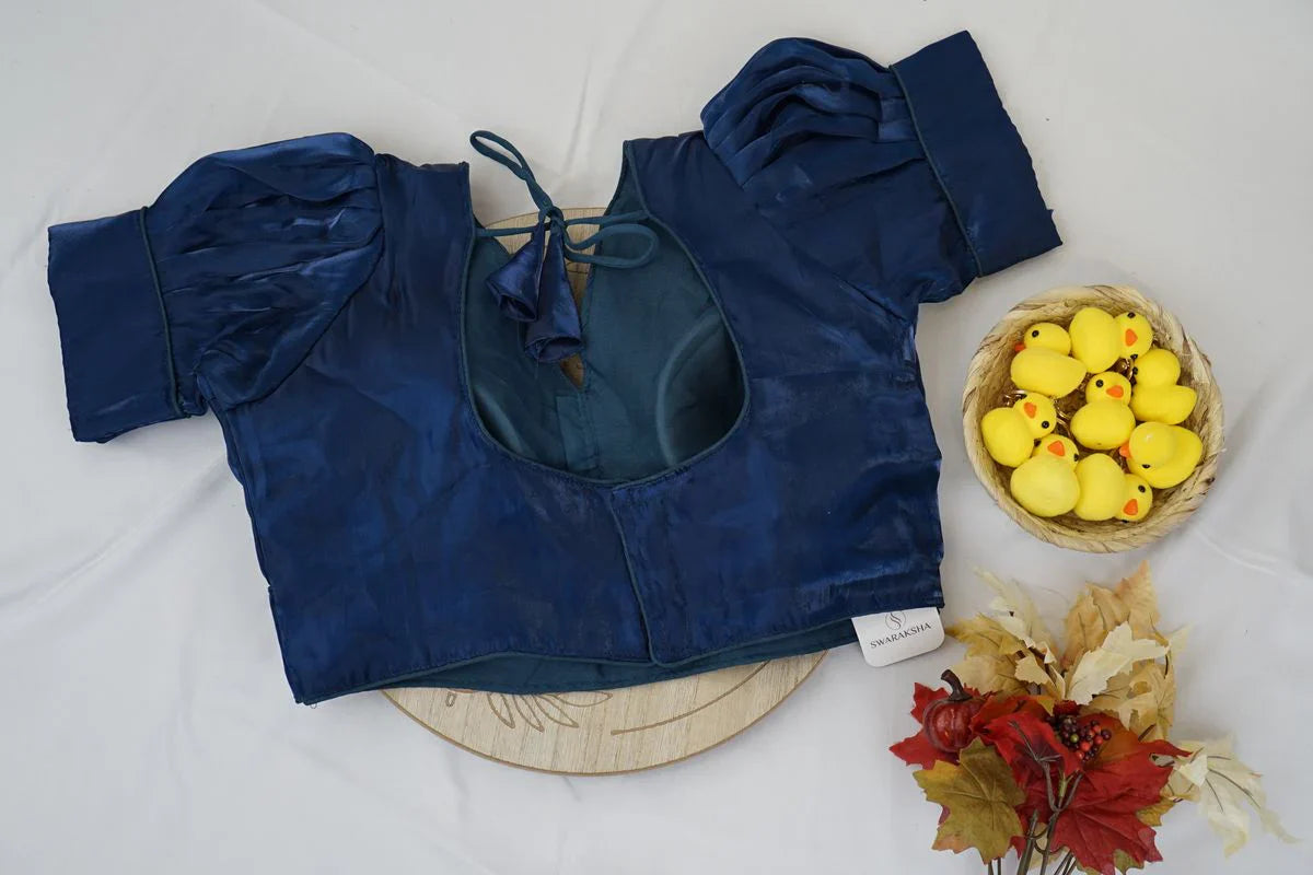 Royal Navy Silk Puff Sleeve Blouse – Elegant Designer Ethnic Fashion in USA at Swaraksha Fashions