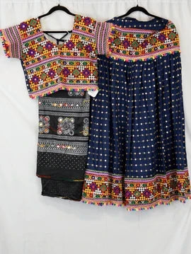 Navy Blue Garba Mirror Work Lehenga Set with Multicolor Kutchi Embroidery Blouse and Black Dupatta – Designer Navratri & Dandiya Outfit in USA