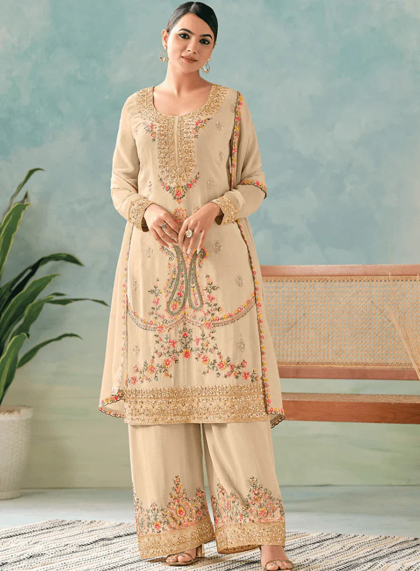Beige Heavy Embroidered Kurti Palazzo Set with Dupatta – Timeless Elegance for Women in USA