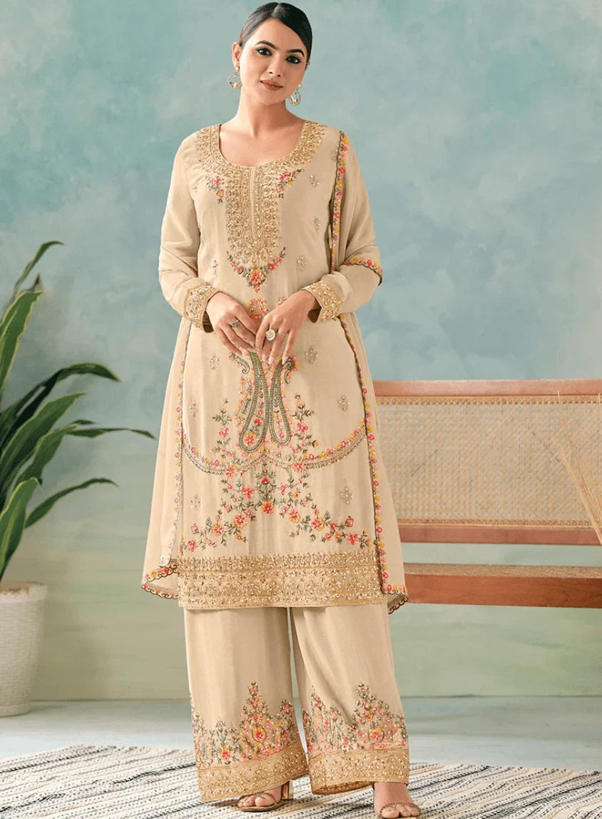 Beige Heavy Embroidered Kurti Palazzo Set with Dupatta – Elegant Ethnic Wear for Women in USA