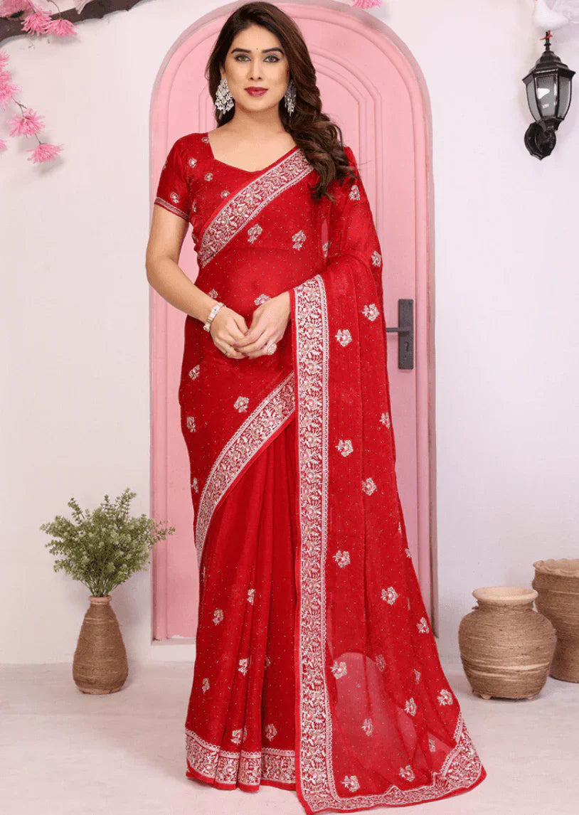 Red Fendi Chiffon Embroidery Work Saree – Luxurious Designer Saree in USA at Swaraksha Fashions