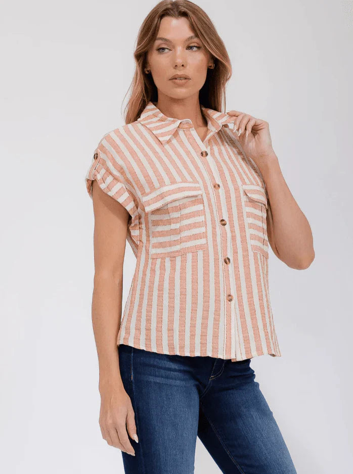 Peach & Cream Striped Button-Up Short Sleeve Blouse – Chic Casual Fashion in USA at Swaraksha Fashions