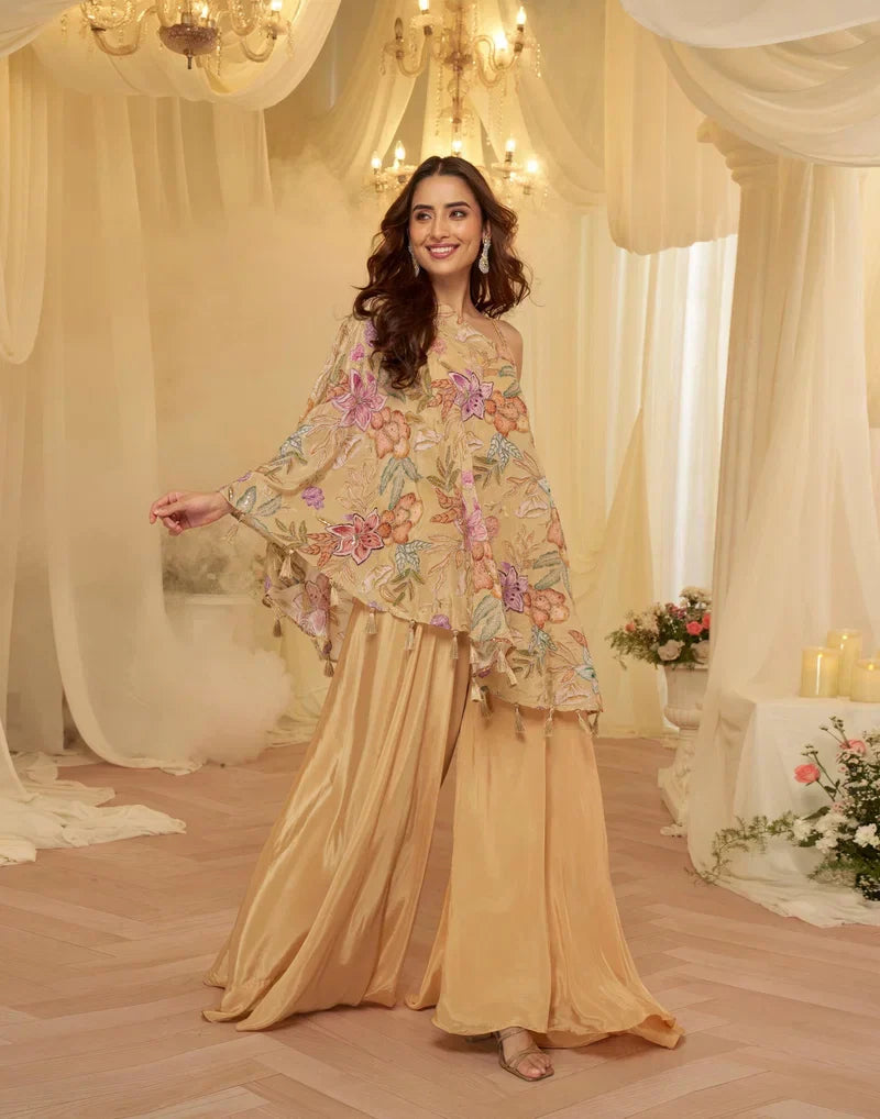 Peach Floral Cape Sharara Set – Elegant USA Ethnic Fashion at Swaraksha Fashions