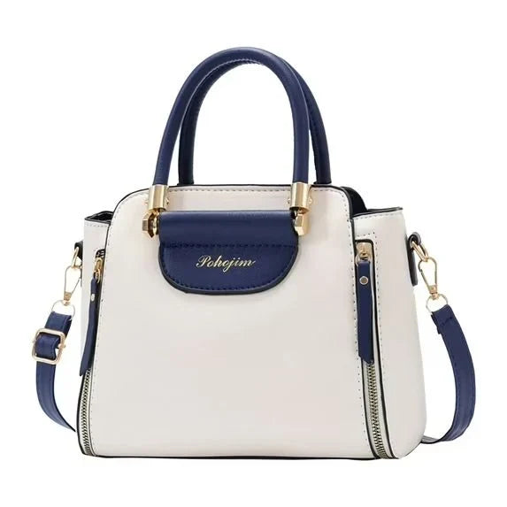 Two-Tone White and Navy Blue Satchel Handbag – Elegant Designer Women's Purse in USA