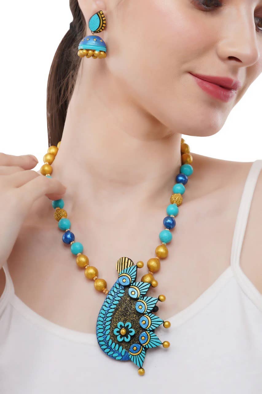 Peacock Jewelry Set – Handmade Blue Leaf Indian Clay Jewelry in the USA