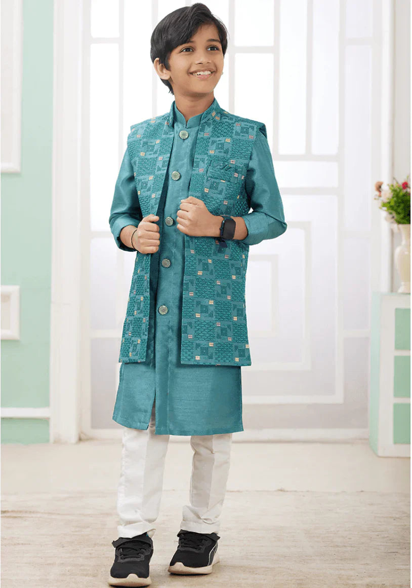Green Art Banarasi Silk Printed Readymade Kurta Pajama – Stylish Kids Ethnic Wear in USA at Swaraksha Fashions