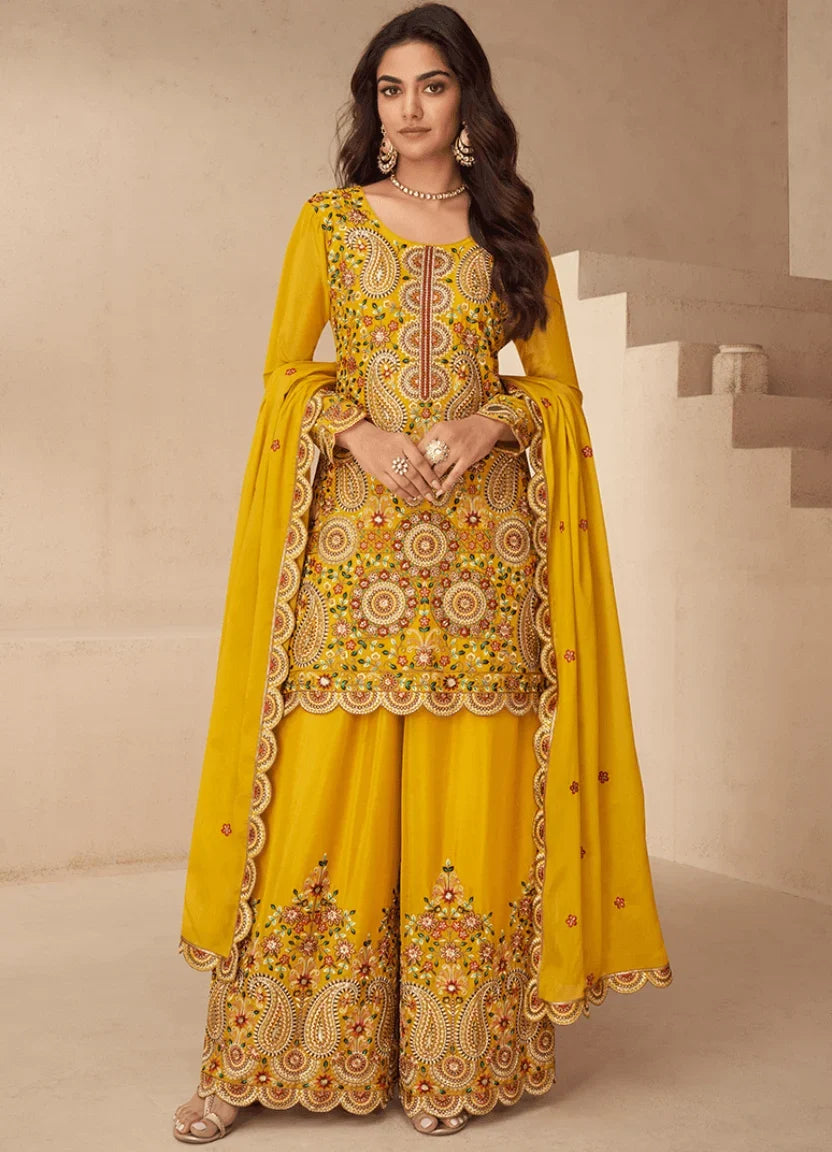 Mustard Heavy Embroidered Kurta Palazzo Set with Dupatta – Elegant Festive Wear for Women in USA