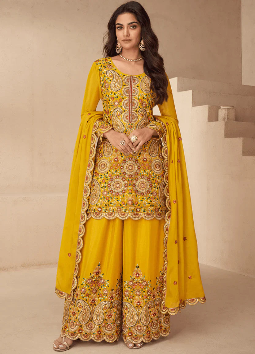 Mustard Heavy Embroidered Kurta Palazzo Set with Dupatta – Luxurious Ethnic Elegance for Women in USA